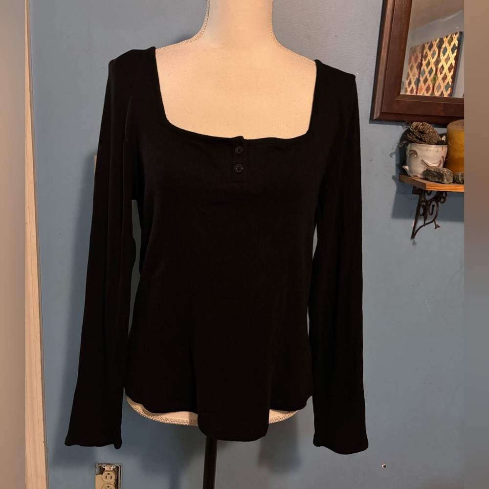 a.n.a. Black Ribbed, Long Sleeve, Top